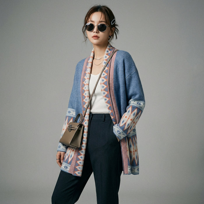 Cardigan long tricoté ample avec motif géométrique - K-fashion - Taille blue