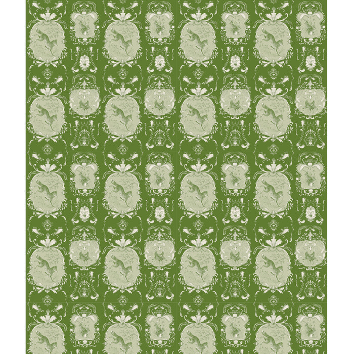 A Moss Fable Toile Wallpaper with birds on it, radiating elegance by Hester & Cook.