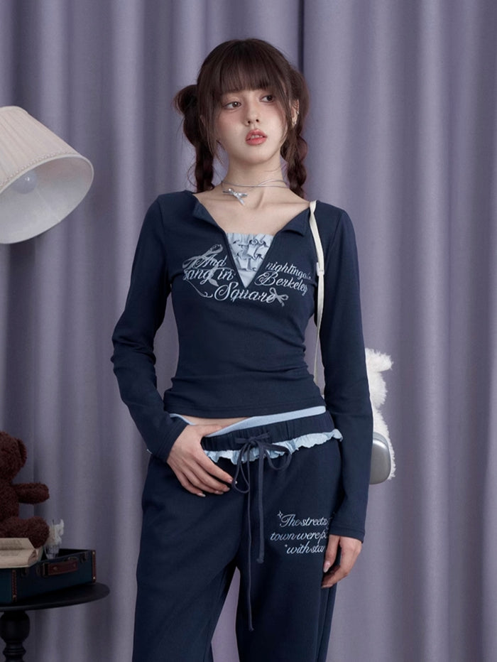 Navy Blue V-Neck Long-Sleeve Fake Two-Piece Top
