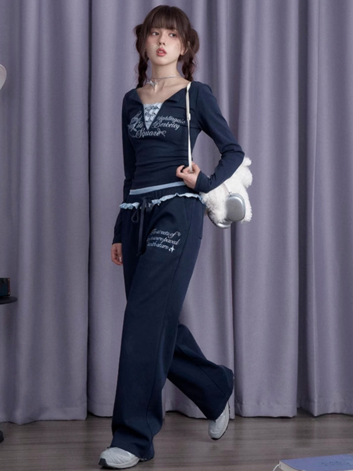 Navy Blue V-Neck Long-Sleeve Fake Two-Piece Top