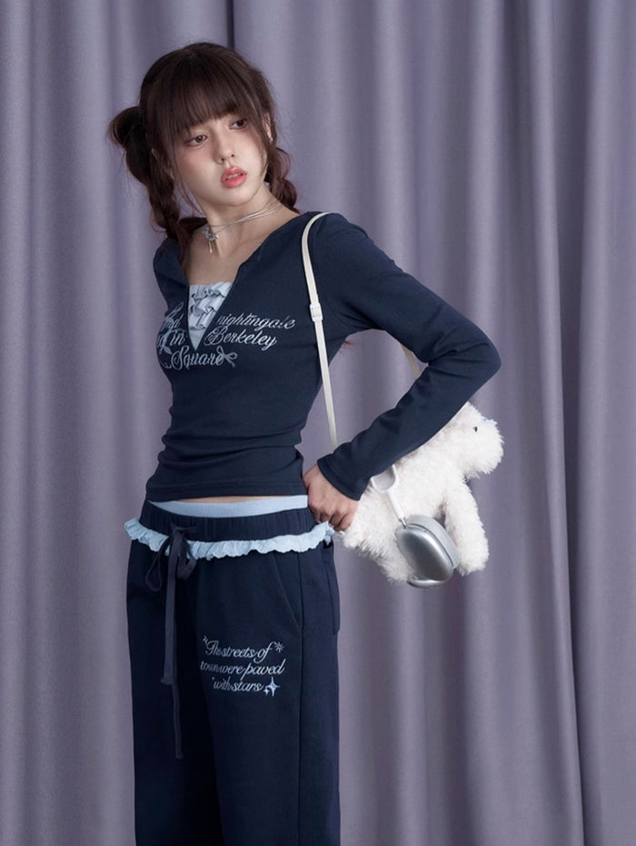 Navy Blue V-Neck Long-Sleeve Fake Two-Piece Top