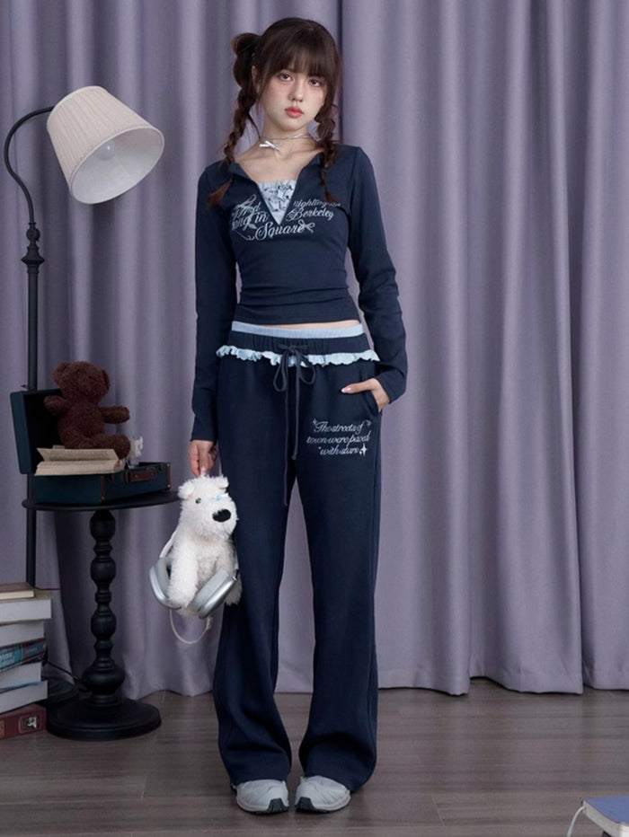 Navy Blue V-Neck Long-Sleeve Fake Two-Piece Top