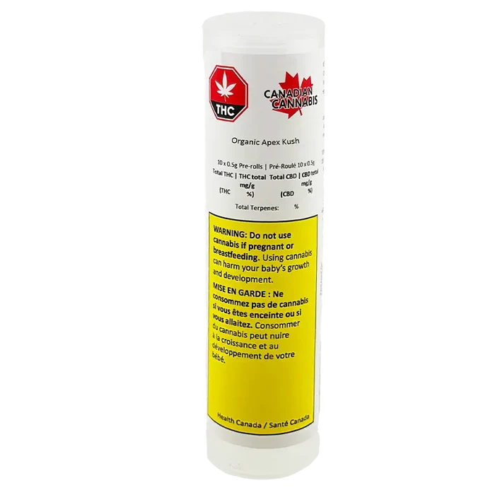 Front-facing shot of the cylindrical white container labeled "Organic Apex Kush PR 10 x 0.5 g" with a red THC maple logo and a large yellow health warning panel.