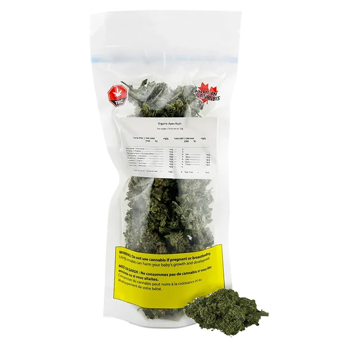 Front-facing shot of a clear resealable bag of Organic Apex Kush showing green buds inside, label text and a yellow warning panel.
