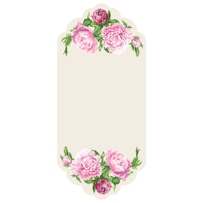 A rectangular card with scalloped top and bottom edges featuring illustrated pink peony blooms with green leaves adorning the top and bottom edges, leaving ample white space in the middle for personalization.