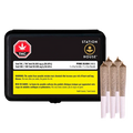 Front-facing shot of a black Station House Pink Kush PR 5 x 0.5 g tin with a yellow warning label and three pre-rolls standing beside it.