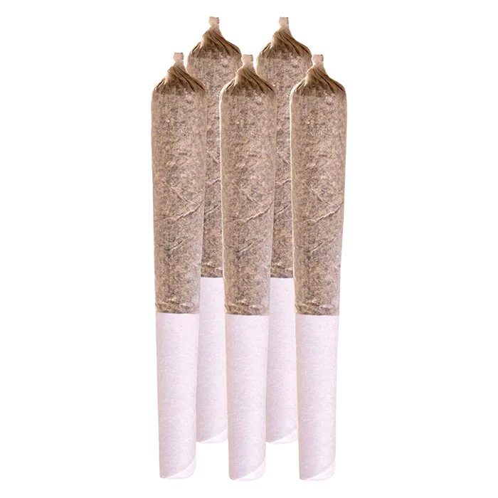 Five upright pre-rolled joints photographed front-on against a white background labeled Pink Kush PR 5 x 0.5 g.