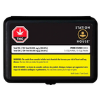 Top-down view of a black rectangular tin labeled "Station House Pink Kush PR 5 x 0.5 g" with a THC red stop sign icon and a yellow health warning panel.