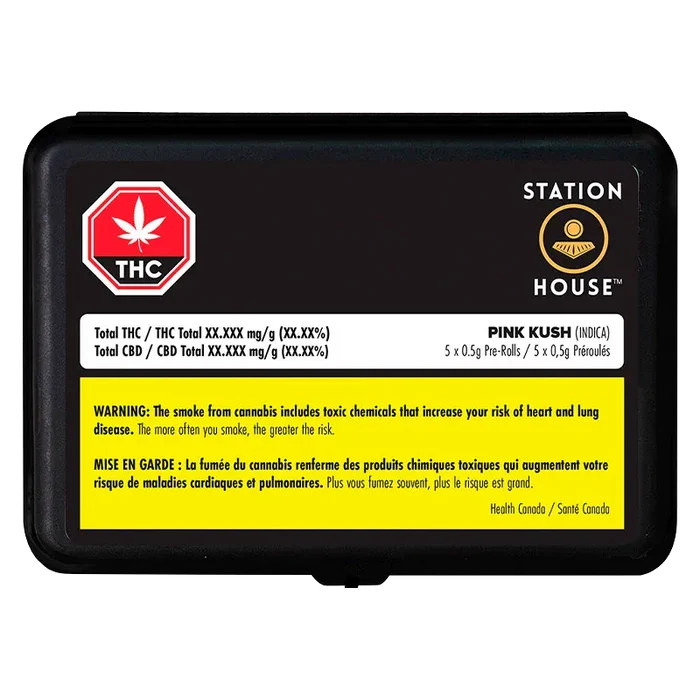 Top-down view of a black rectangular tin labeled "Station House Pink Kush PR 5 x 0.5 g" with a THC red stop sign icon and a yellow health warning panel.