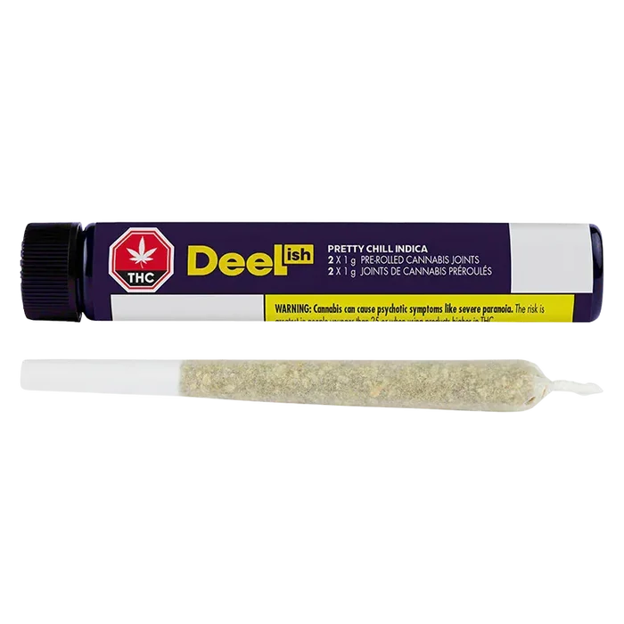 Horizontal studio shot of a pre-rolled joint beneath a purple tube labeled "Pretty Chill PR 2 x 1 g" with its warning text visible.