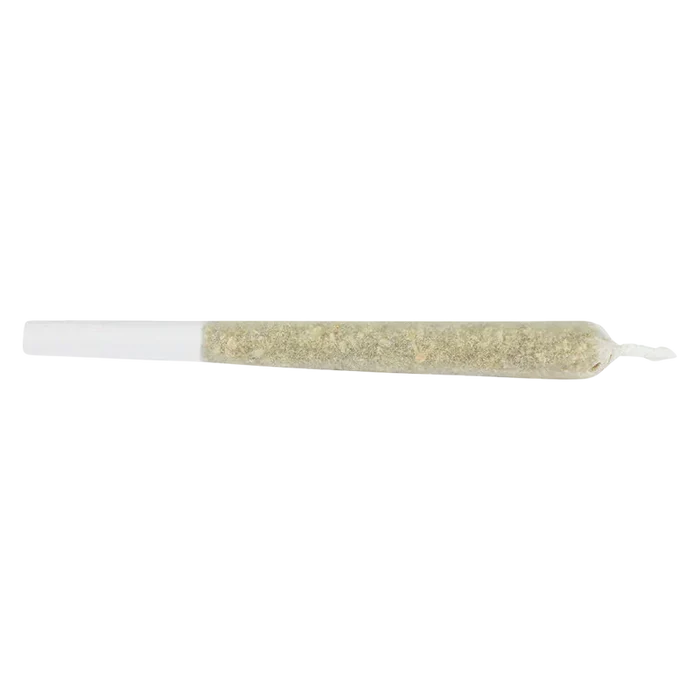 Side view of a thin, tea-colored pre-roll on white background, labeled in the image as Pretty Chill PR 2 x 1 g.