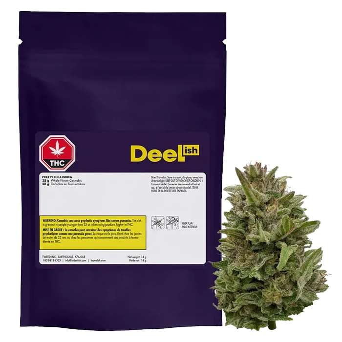 Front-facing shot of a purple pouch and a large frosty bud labeled "Pretty Chill" by Deelish, shown on a white background.