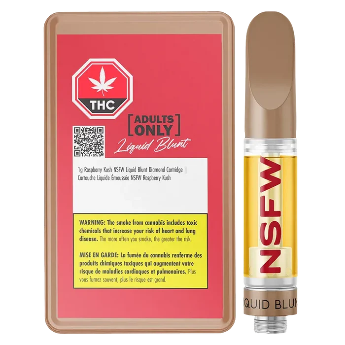 Front-on product shot of the Raspberry Kush NSFW Liquid Blunt Diamond Vape Cartridge beside its red warning-labeled tray, showing the clear gold cartridge liquid and bold NSFW text.