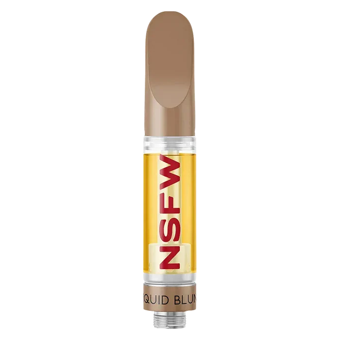 Straight-on view of a filled Raspberry Kush NSFW Liquid Blunt Diamond Vape Cartridge showing amber oil and bold red "NSFW" text.