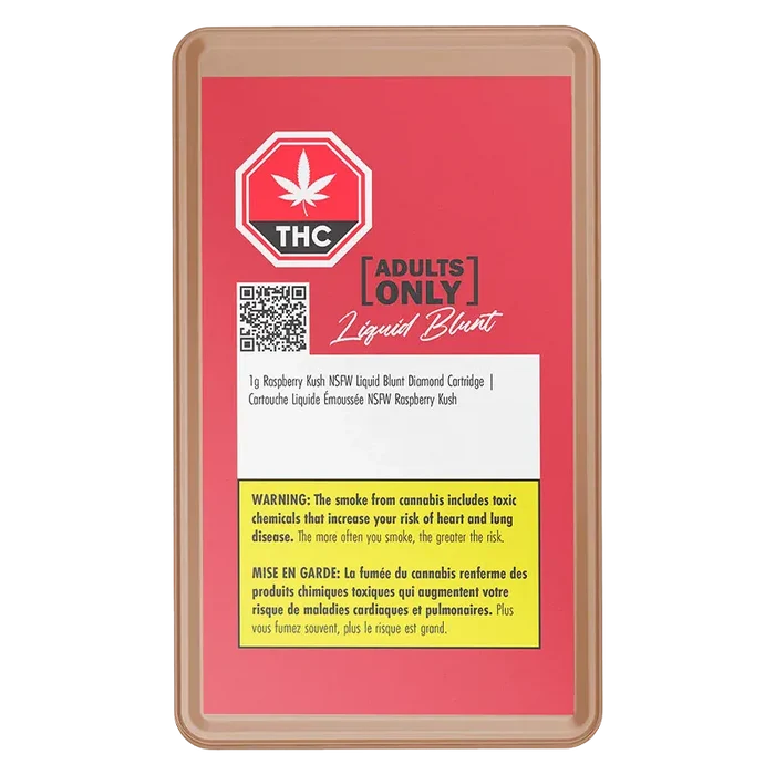 Top-down view of the Raspberry Kush NSFW Liquid Blunt Diamond Vape Cartridge retail card with a red background, THC symbol, QR code and yellow warning box.