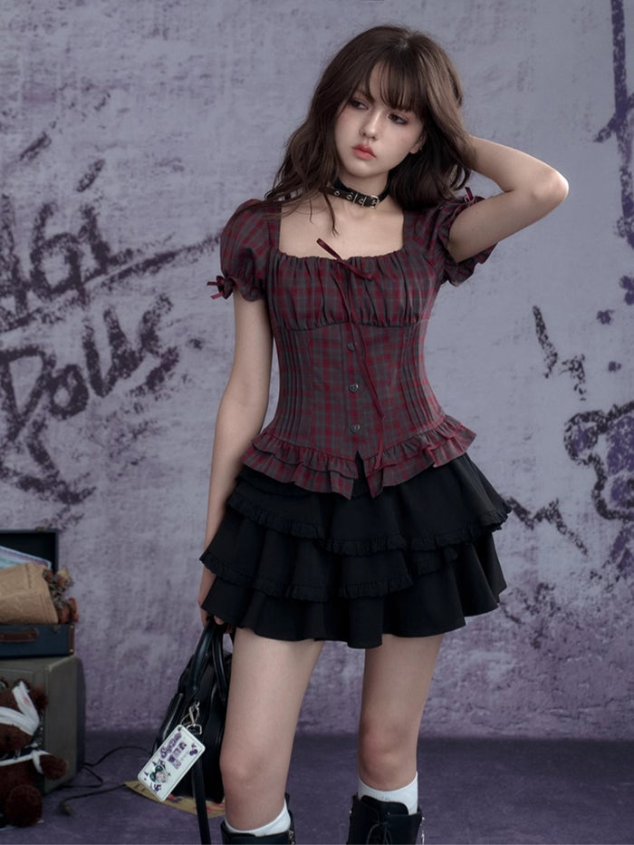 Red-gray plaid puff short-sleeve top