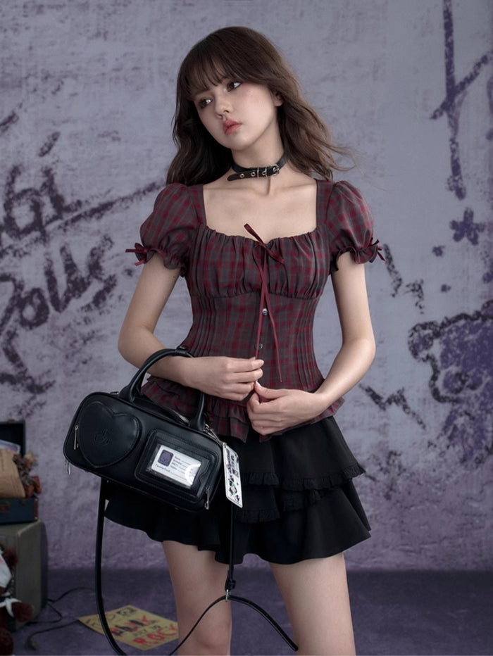 Red-gray plaid puff short-sleeve top