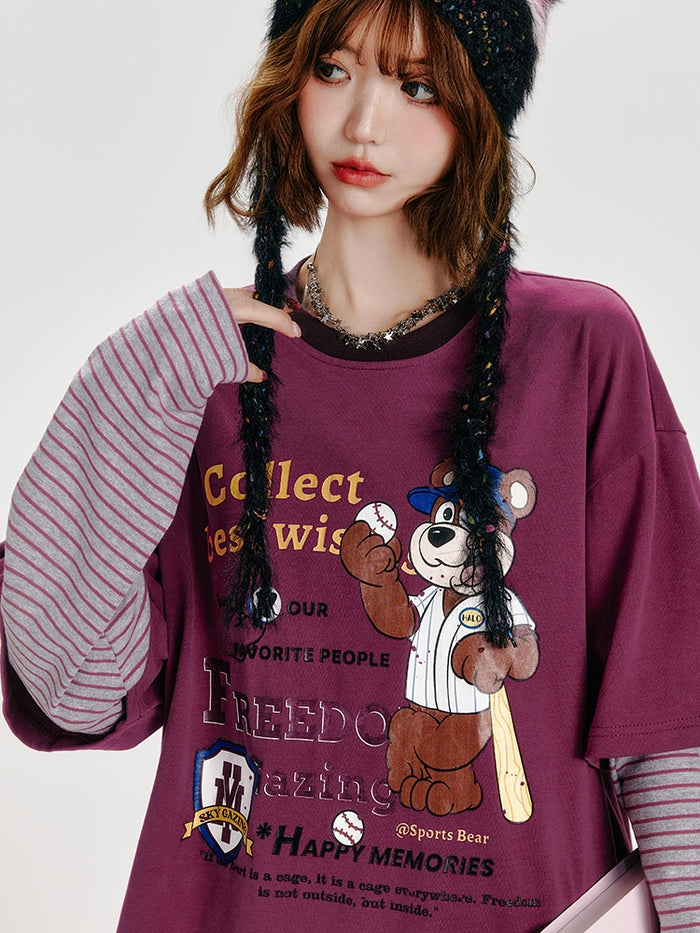 Rose Purple Long Sleeve Loose Print Striped Top