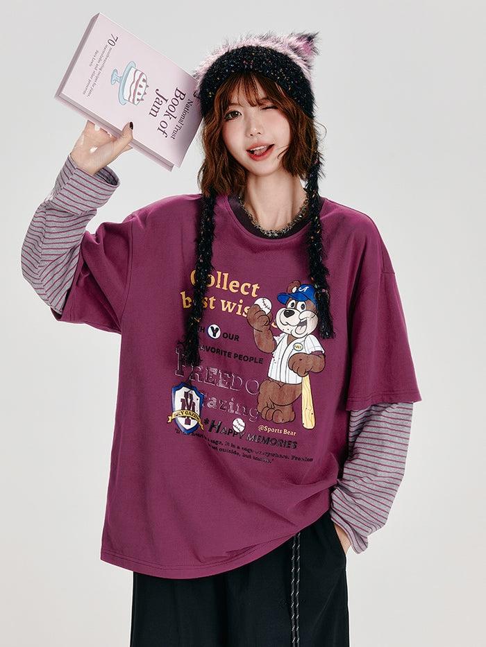 Rose Purple Long Sleeve Loose Print Striped Top