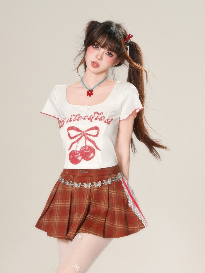 Spicy Girl Cherry Print White Crop Top