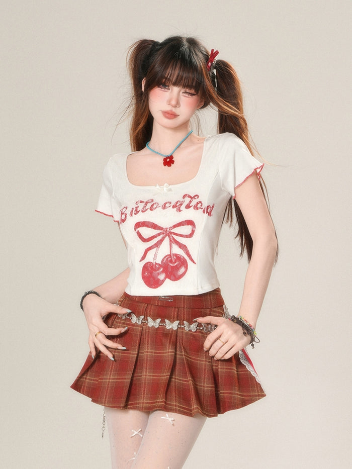 Spicy Girl Cherry Print White Crop Top