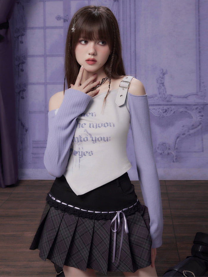 Spicy Girl Gray-Purple Off-Shoulder Long-Sleeve Irregular Top