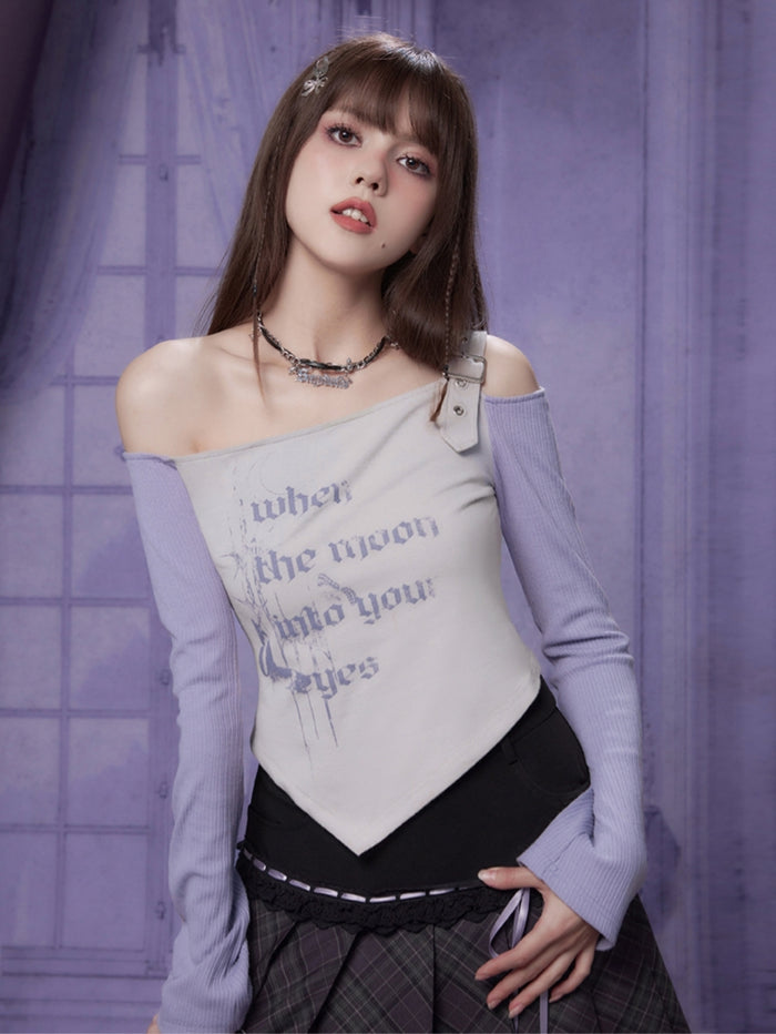 Spicy Girl Gray-Purple Off-Shoulder Long-Sleeve Irregular Top