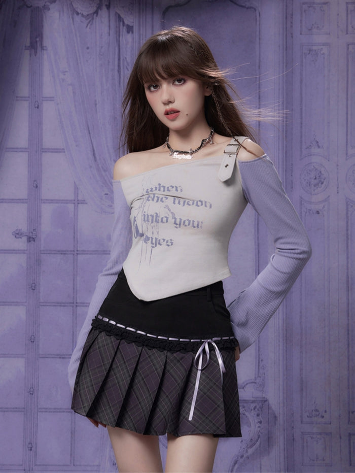 Spicy Girl Gray-Purple Off-Shoulder Long-Sleeve Irregular Top