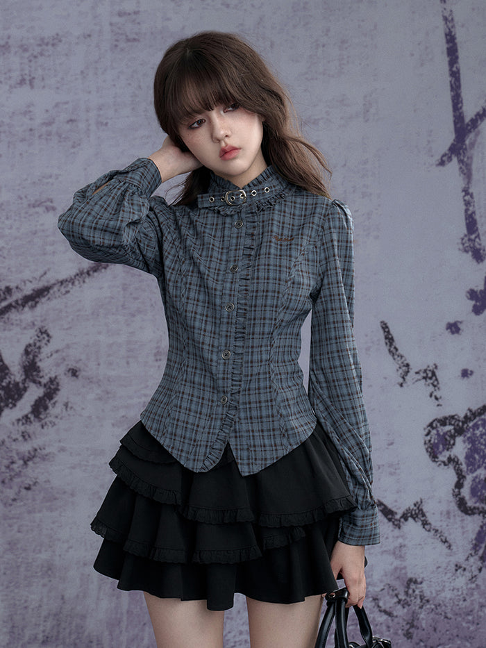 Stand collar choker blue-green plaid long-sleeve shirt