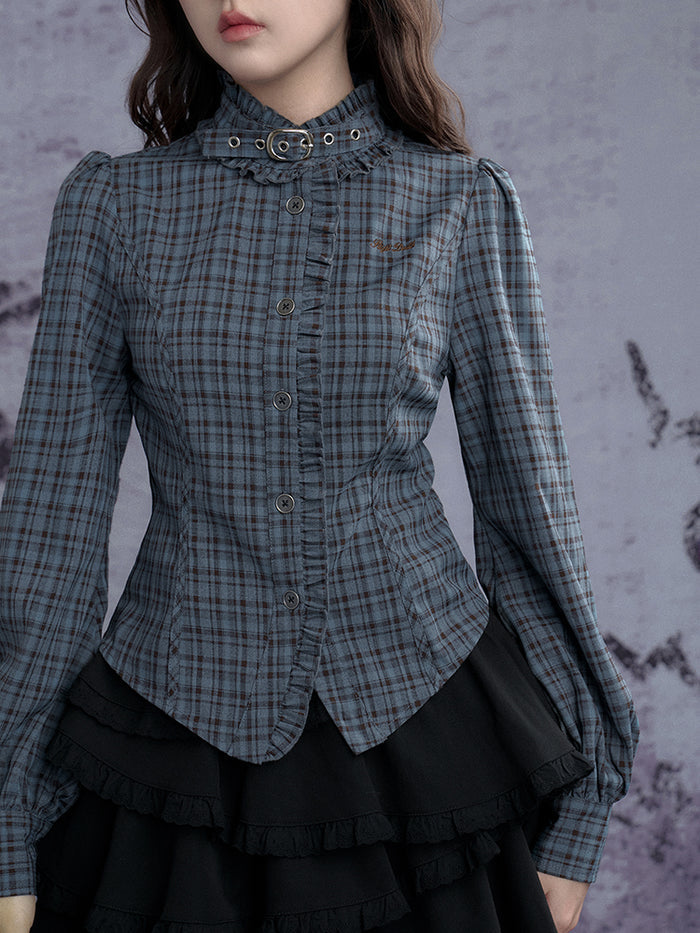 Stand collar choker blue-green plaid long-sleeve shirt