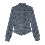 Stand collar choker blue-green plaid long-sleeve shirt