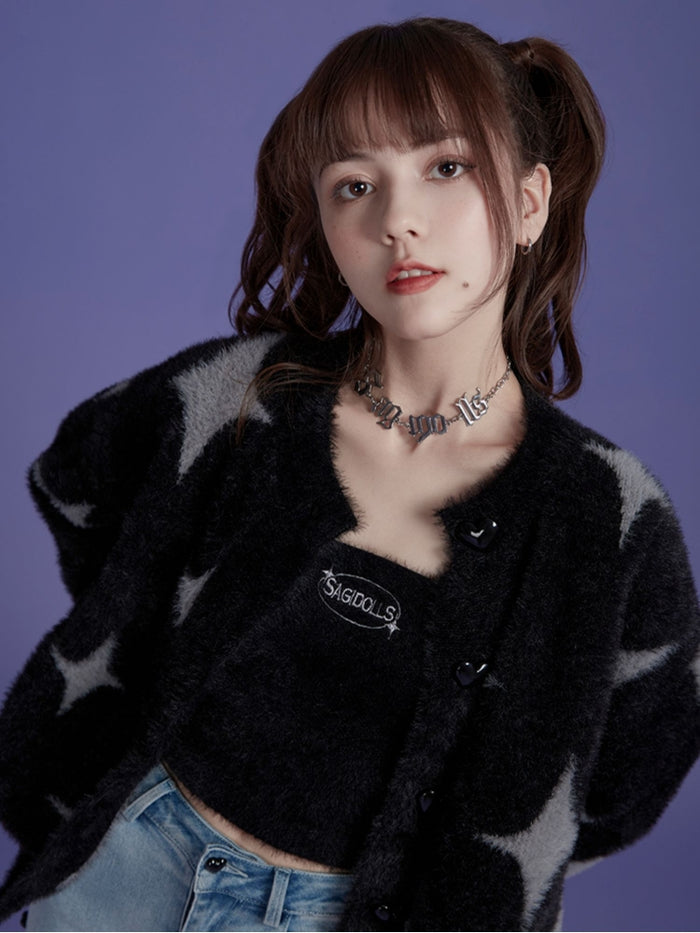 Star Print Faux Mink Black Jacket