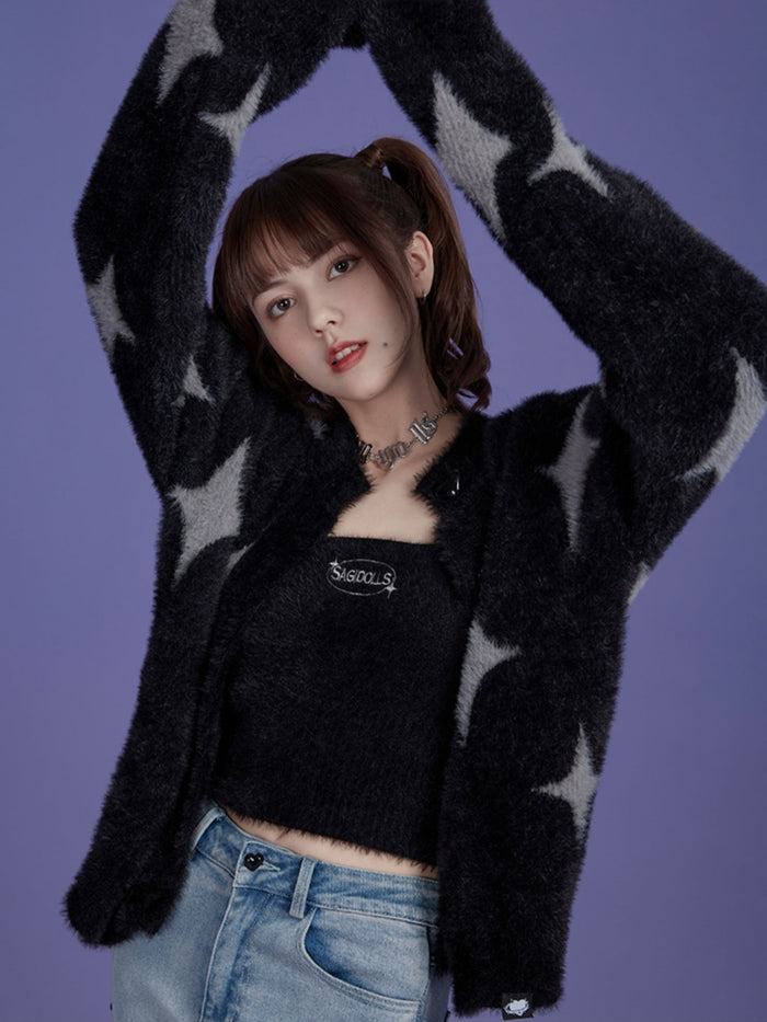 Star Print Faux Mink Black Jacket