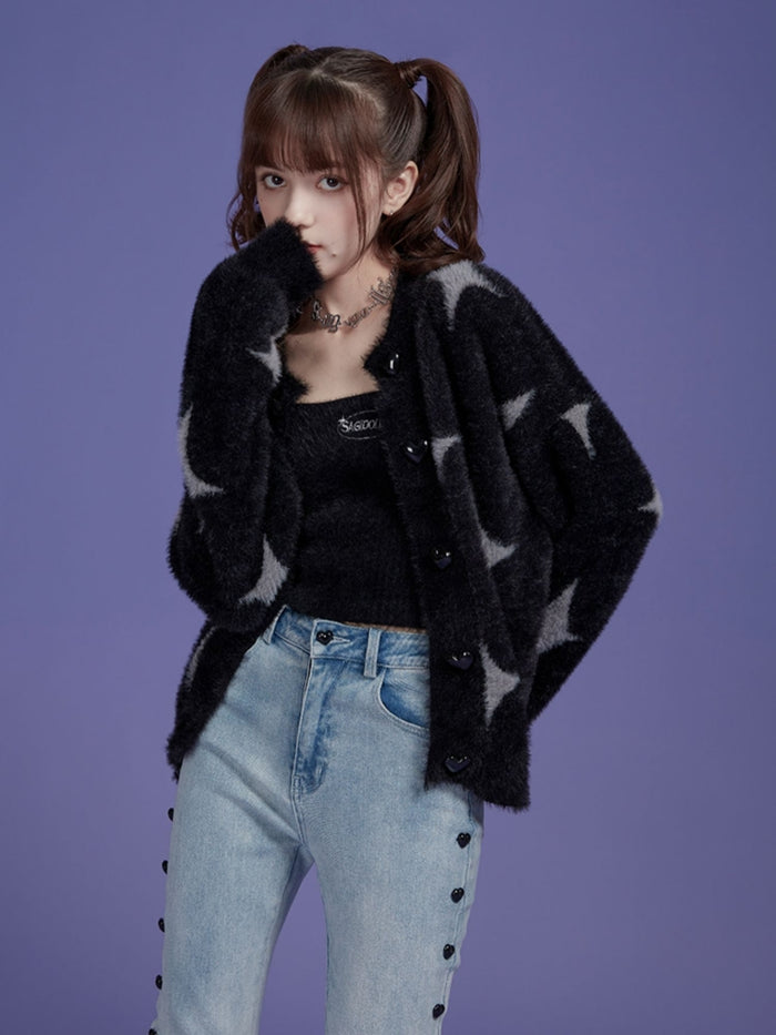 Star Print Faux Mink Black Jacket