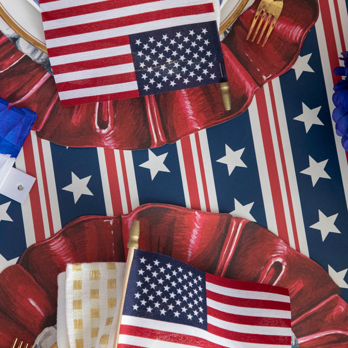 Close-up of the Stars and Stripes Runner under a patriotic table setting, from above.