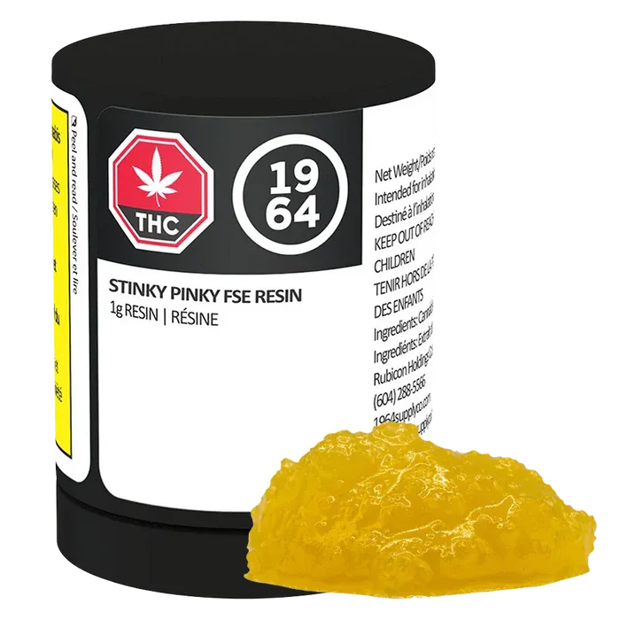 Close-up of a glossy yellow resin mound in front of a black jar labeled Stinky Pinky FSE Resin.