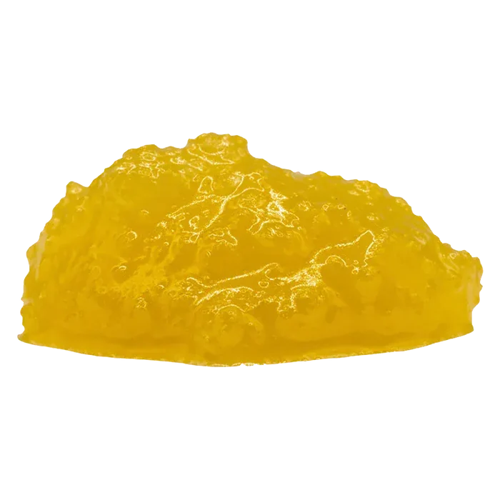 Close-up side view of a glossy yellow resin mound labeled Stinky Pinky FSE Resin on a white background.