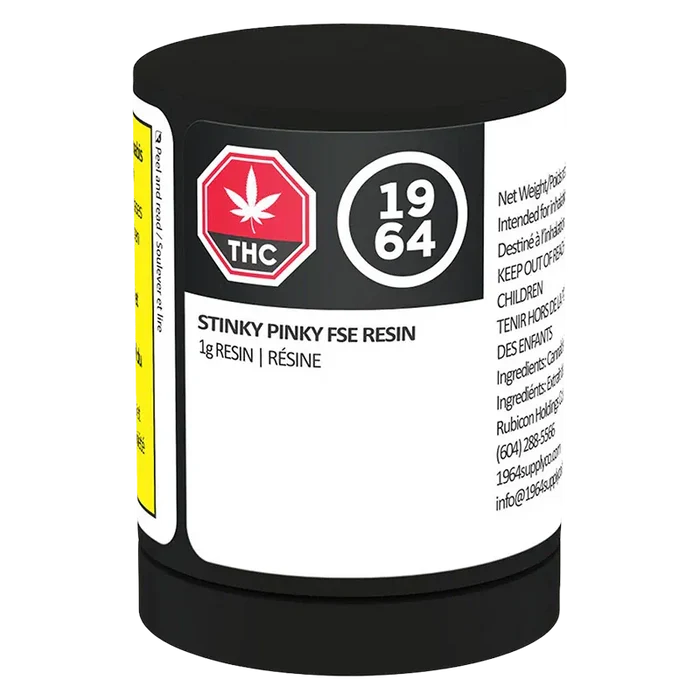 Close-up front view of the Stinky Pinky FSE Resin black container label showing a red THC octagon and "1964" emblem.