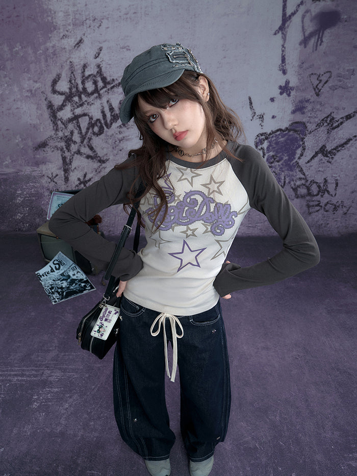 Street cool Y2K star print long-sleeve top