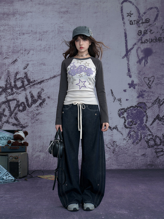 Street cool Y2K star print long-sleeve top