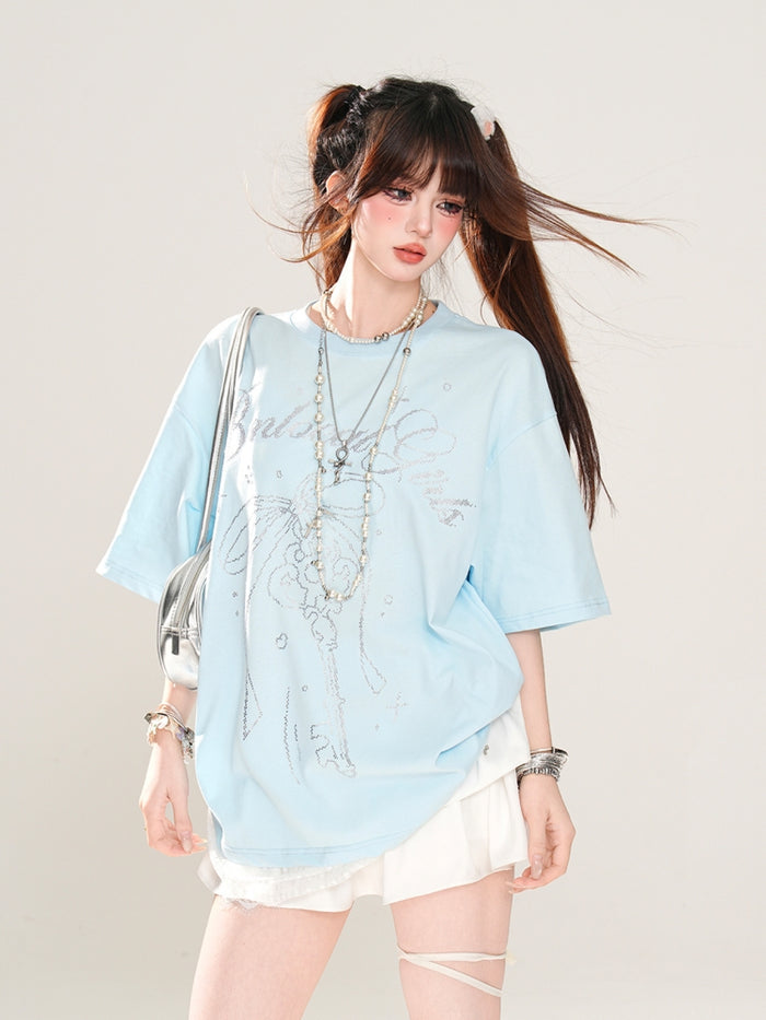 Sweet Short-Sleeve Lace Loose Blue T-Shirt