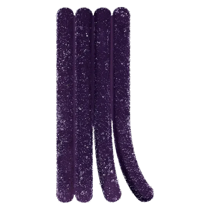 Top-down view of four sugar-coated purple sticks of Very Berry Gummies arranged vertically on a white background.