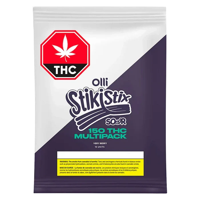 Front-facing pack shot of the Very Berry Gummies pouch labeled "olli StikiStix" with a diagonal purple panel and a red THC symbol.