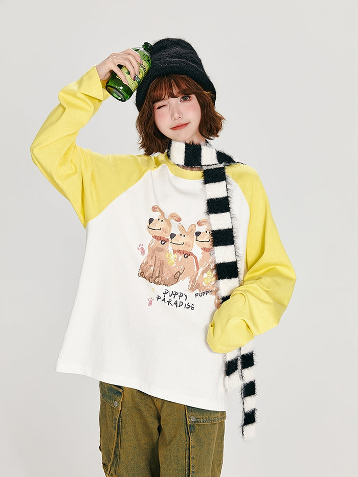 Vintage Puppy Print Loose Casual Top