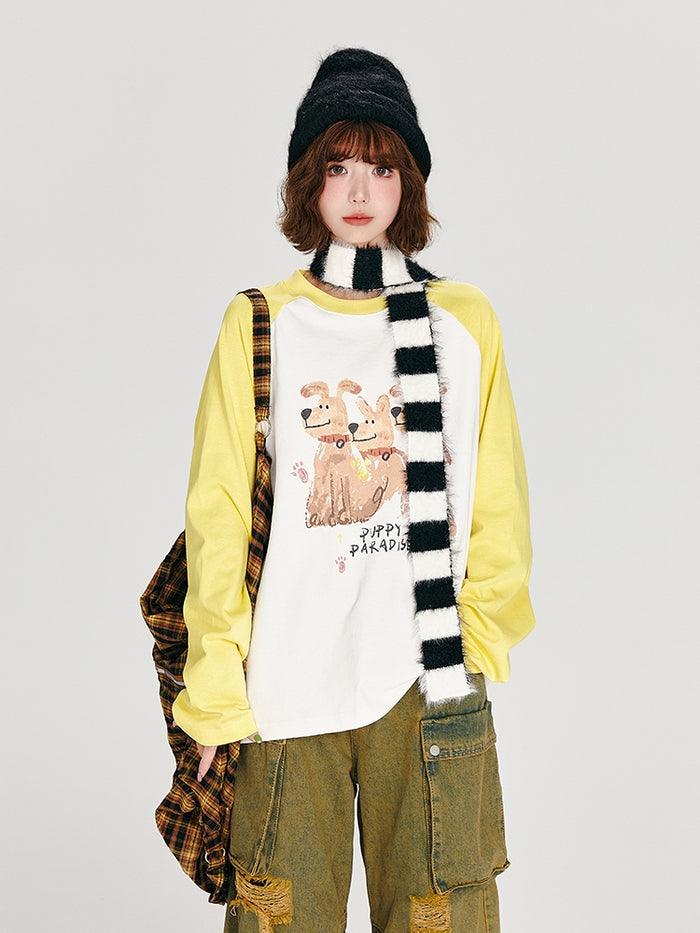 Vintage Puppy Print Loose Casual Top