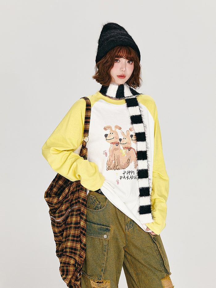 Vintage Puppy Print Loose Casual Top
