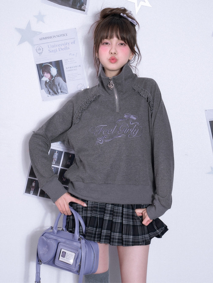 Waffle knit mock neck long-sleeve sweatshirt