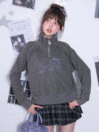 Waffle knit mock neck long-sleeve sweatshirt