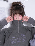Waffle knit mock neck long-sleeve sweatshirt
